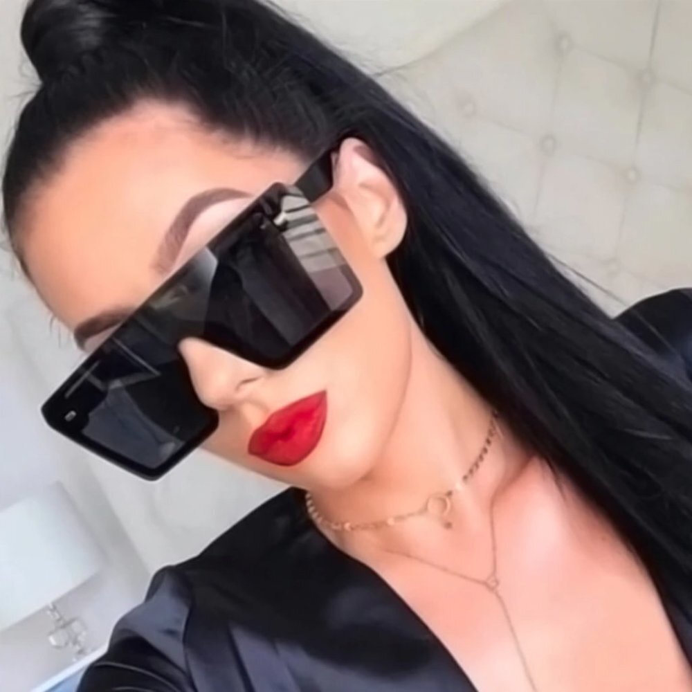 Shiny Black‎ Square Oversized Sunglasses Rectangular Rimless Mirror Sunglasses